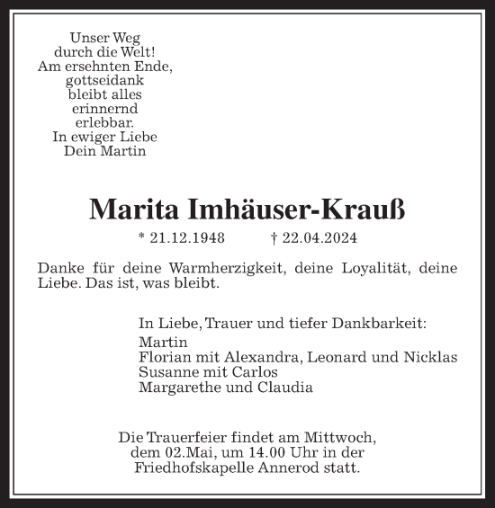 Traueranzeige von Marita Imhäuser-Krauß von Giessener Allgemeine, Alsfelder Allgemeine, Giessener Anzeiger