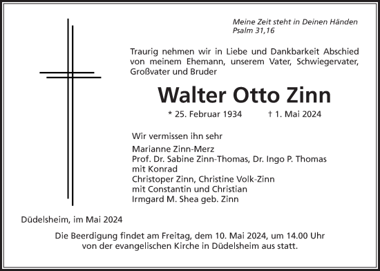 Traueranzeige von Walter Otto Zinn von Kreis-Anzeiger